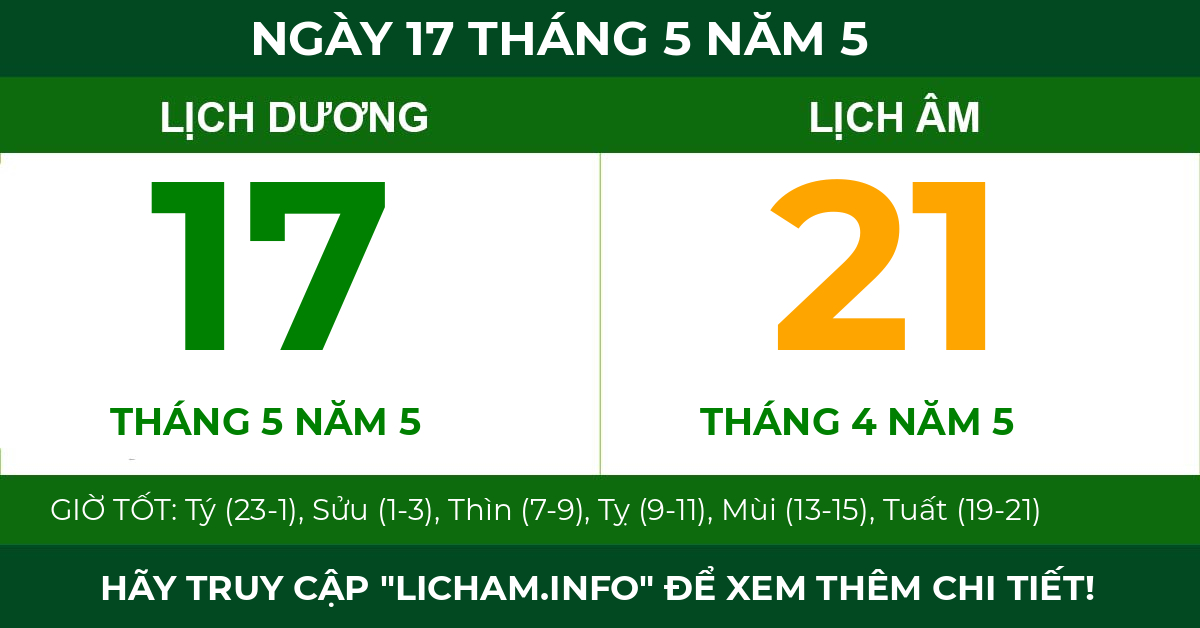 lịch âm ngày 17 tháng 5 năm 5