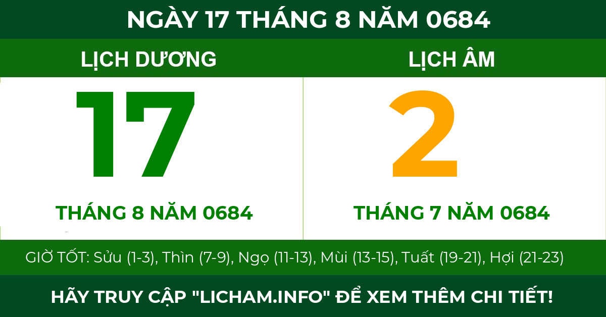 lịch âm ngày 17 tháng 8 năm 0684