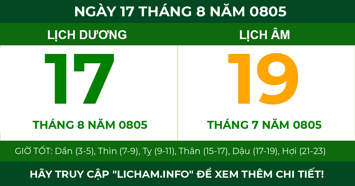 lịch âm ngày 17 tháng 8 năm 0805