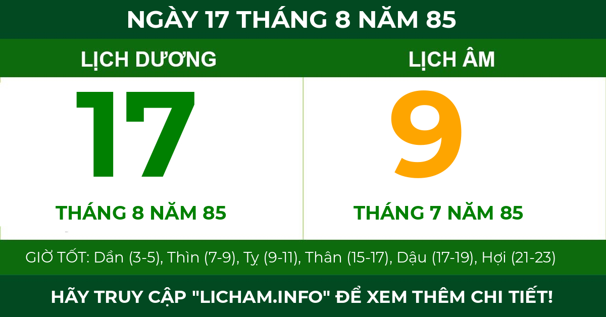 lịch âm ngày 17 tháng 8 năm 85