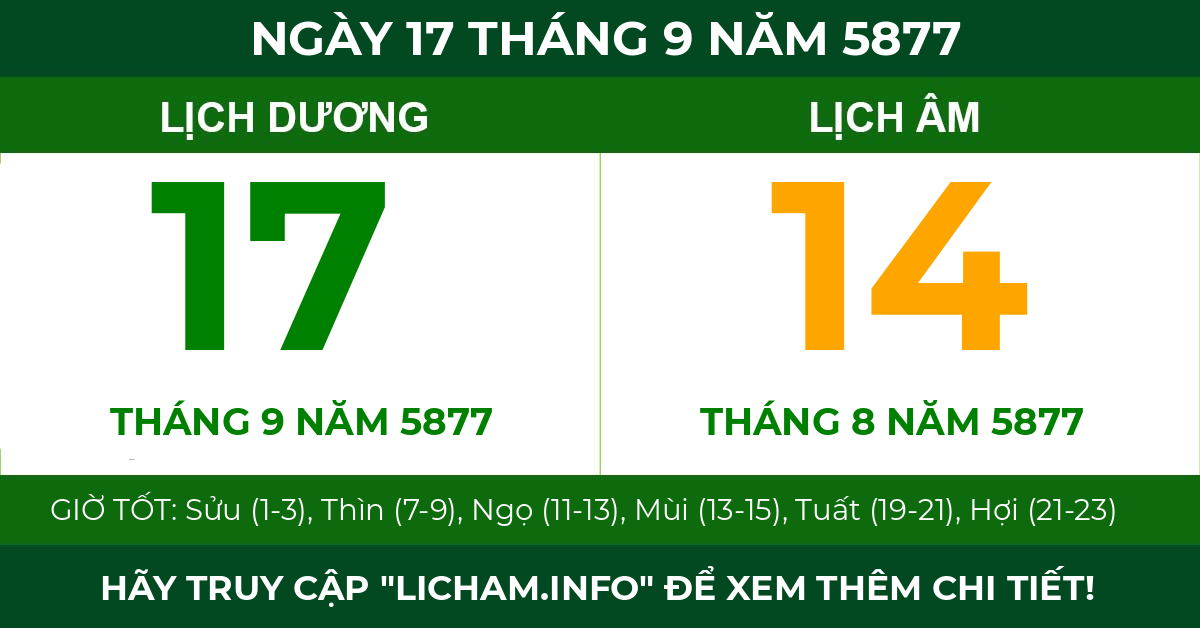 lịch âm ngày 17 tháng 9 năm 5877