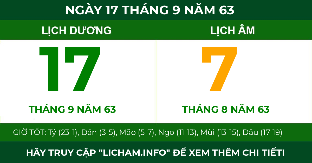 lịch âm ngày 17 tháng 9 năm 63