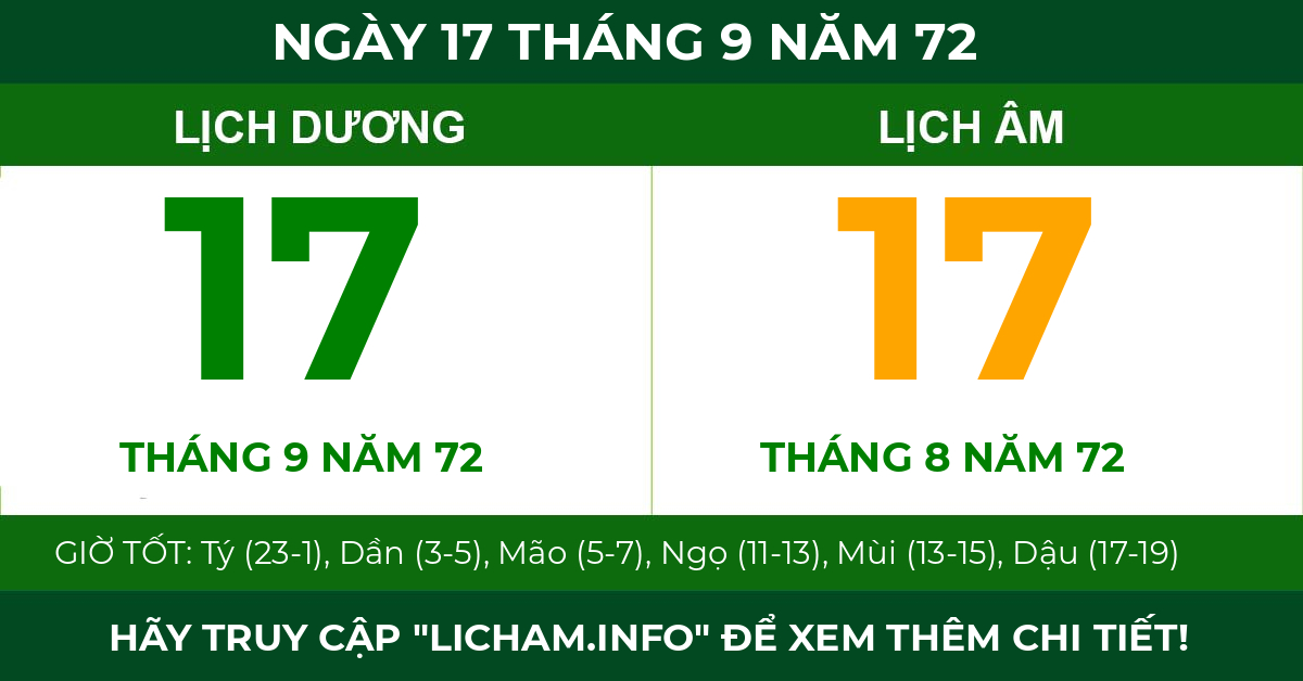 lịch âm ngày 17 tháng 9 năm 72