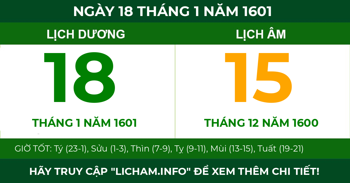 lịch âm ngày 18 tháng 1 năm 1601