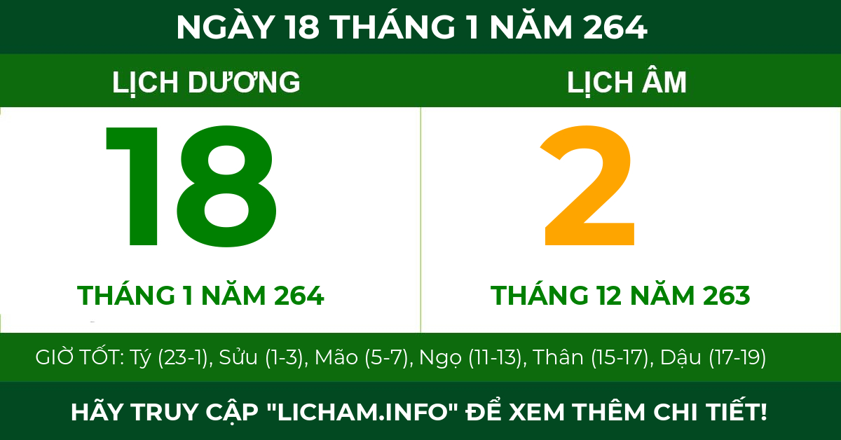 lịch âm ngày 18 tháng 1 năm 264