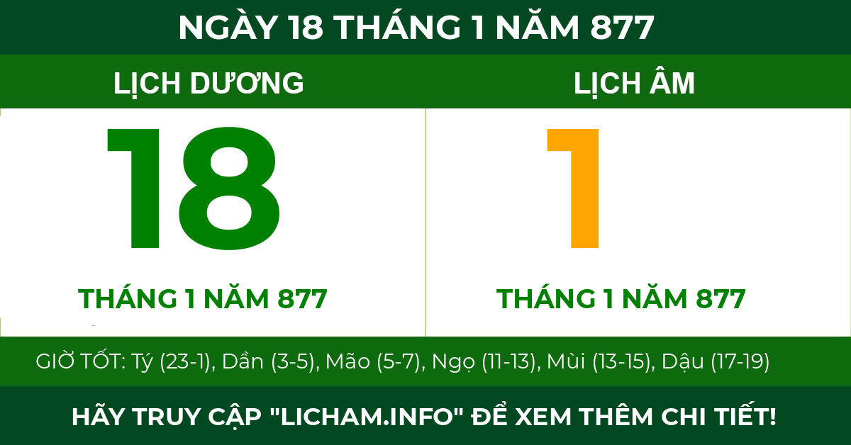 lịch âm ngày 18 tháng 1 năm 877