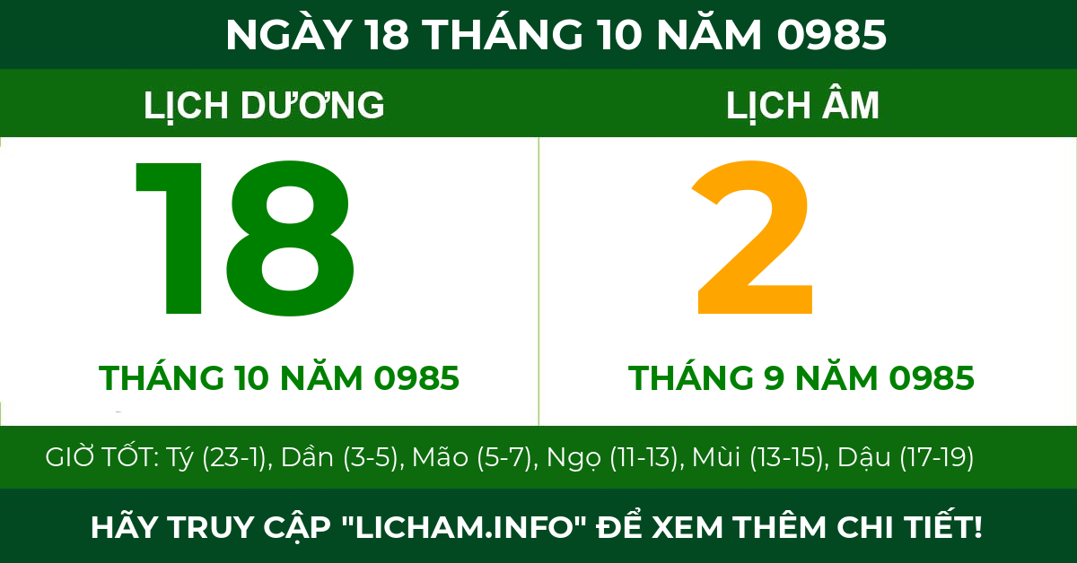 lịch âm ngày 18 tháng 10 năm 0985