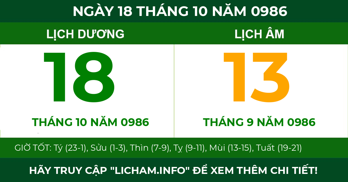lịch âm ngày 18 tháng 10 năm 0986