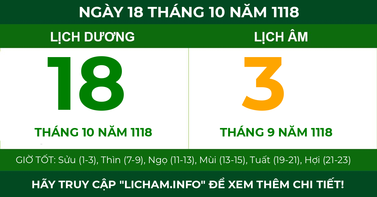 lịch âm ngày 18 tháng 10 năm 1118