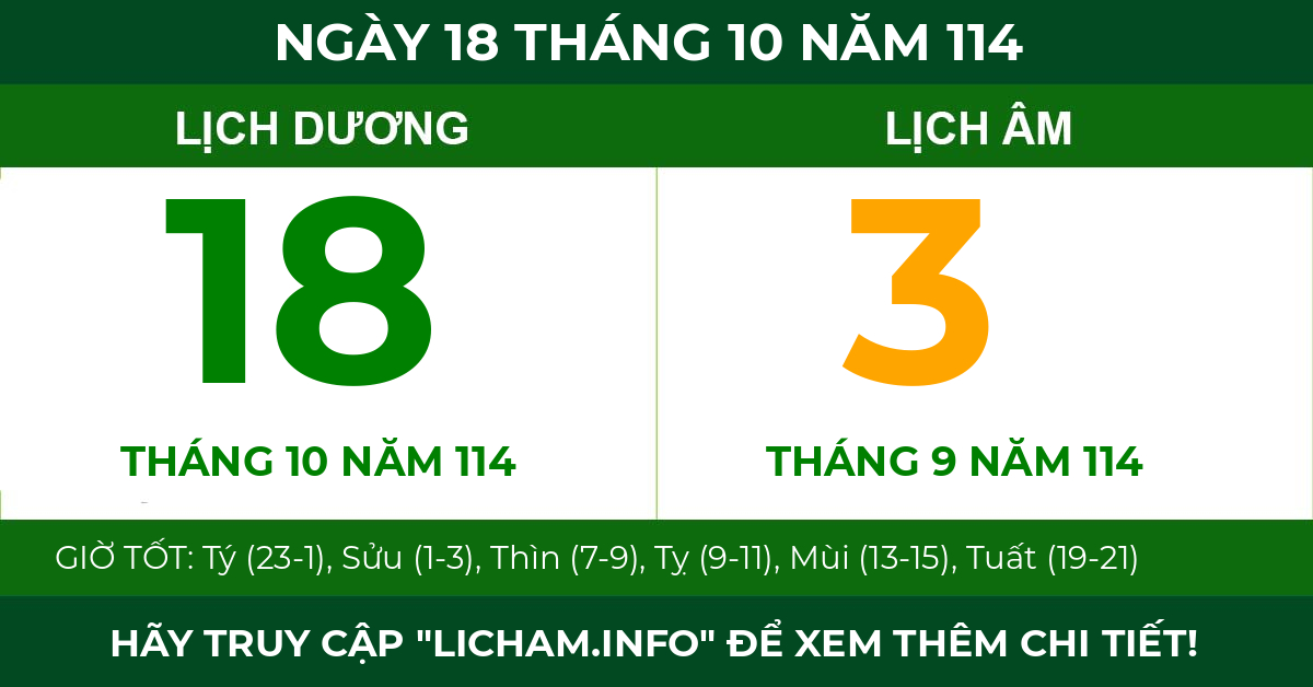 lịch âm ngày 18 tháng 10 năm 114