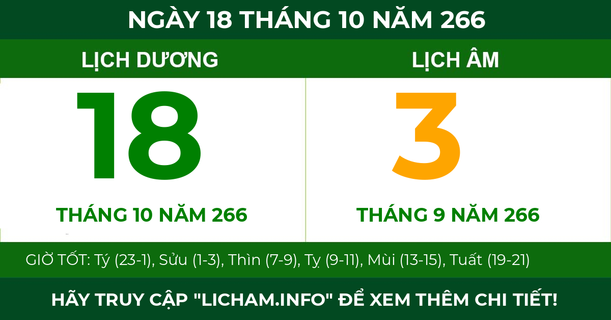 lịch âm ngày 18 tháng 10 năm 266