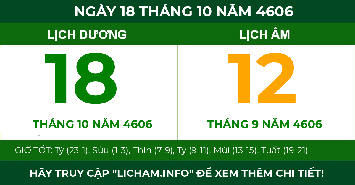 lịch âm ngày 18 tháng 10 năm 4606