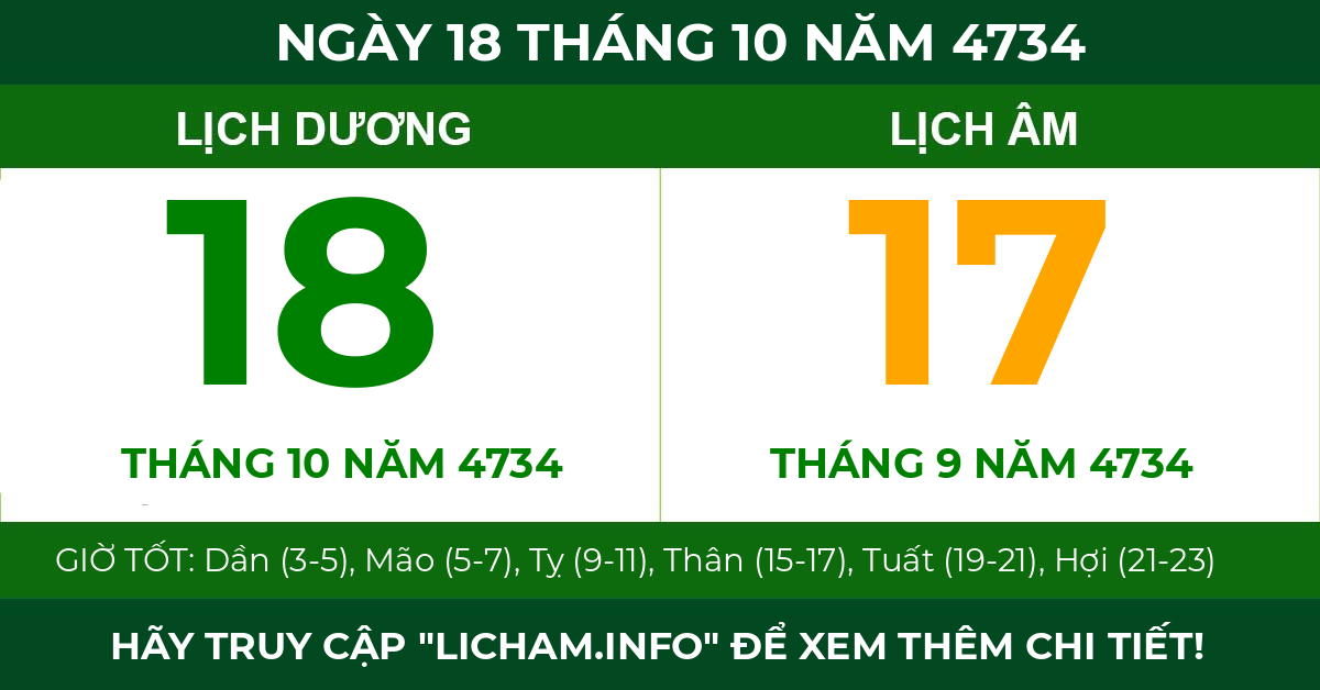 lịch âm ngày 18 tháng 10 năm 4734