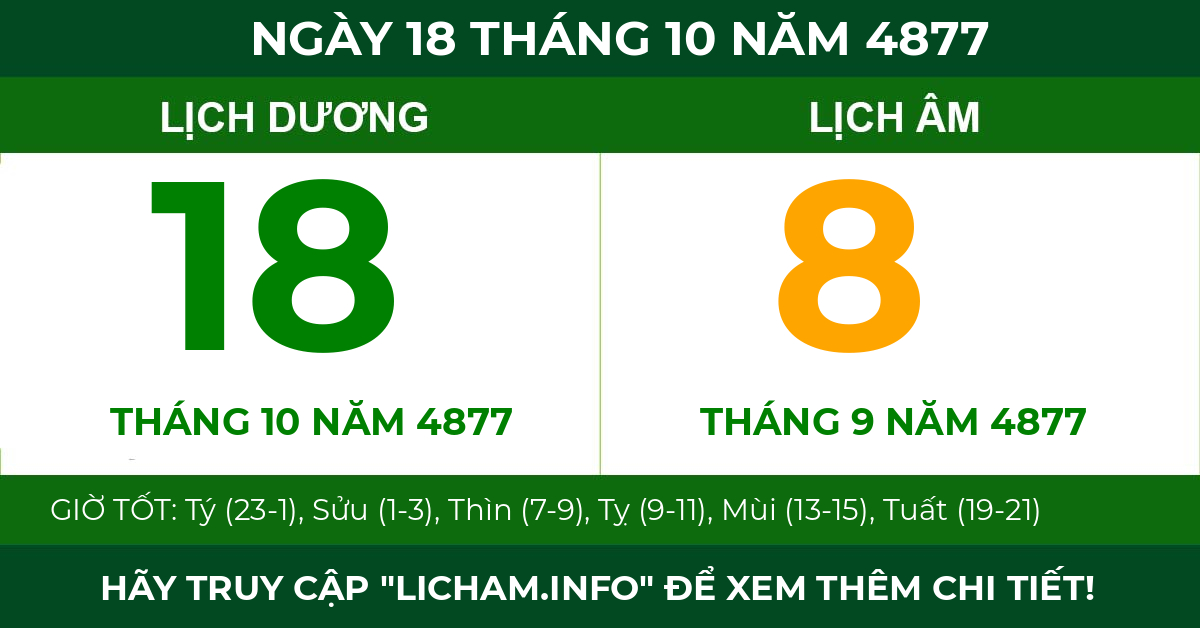 lịch âm ngày 18 tháng 10 năm 4877