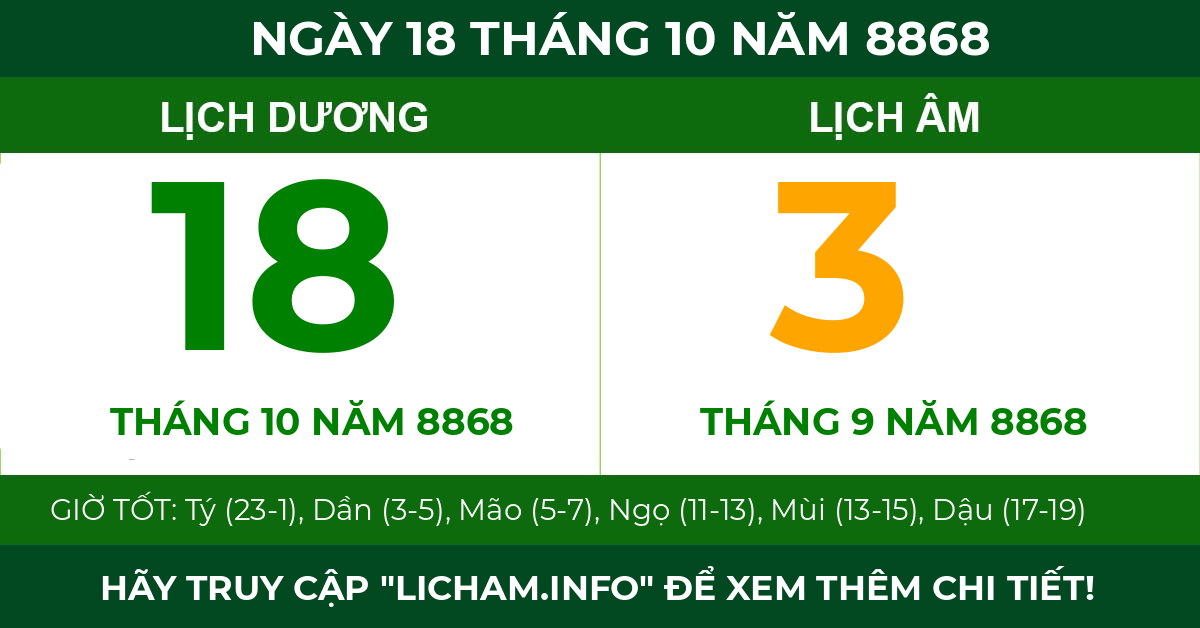 lịch âm ngày 18 tháng 10 năm 8868