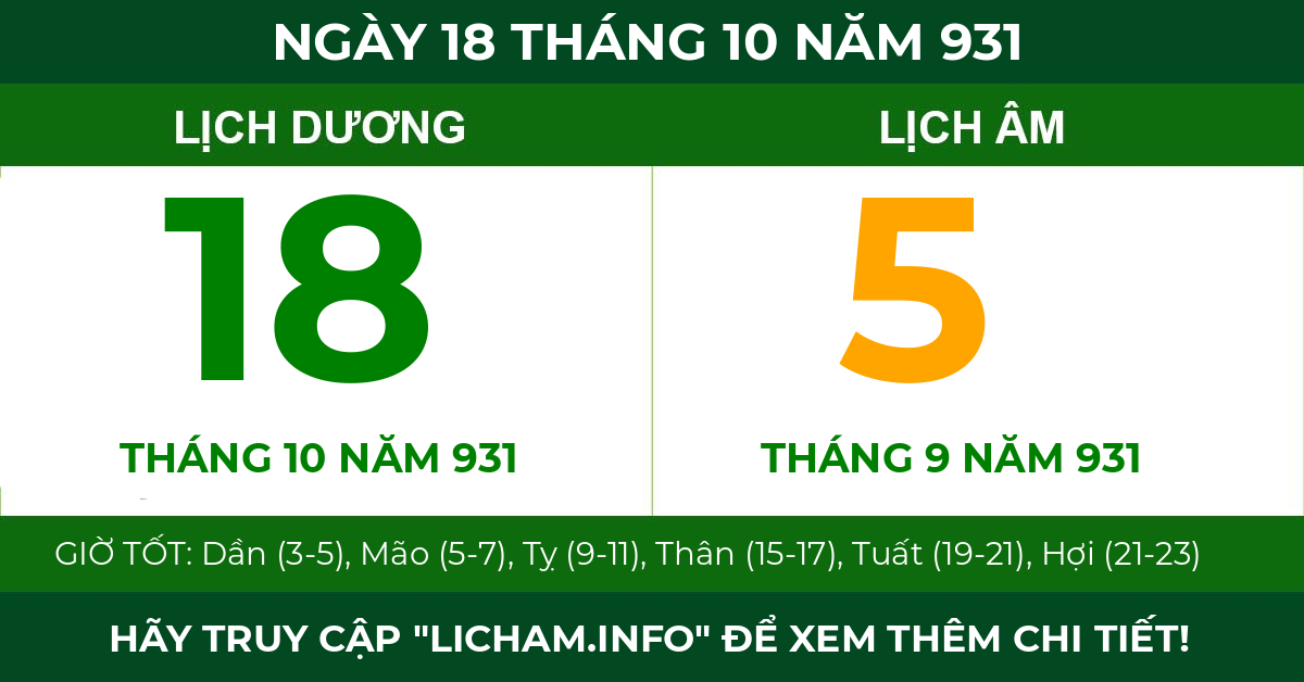 lịch âm ngày 18 tháng 10 năm 931