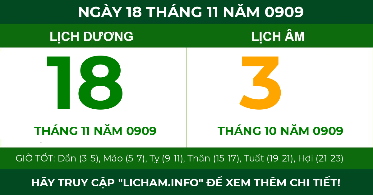 lịch âm ngày 18 tháng 11 năm 0909