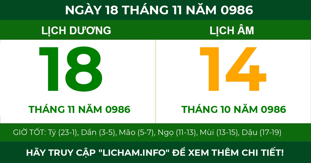 lịch âm ngày 18 tháng 11 năm 0986