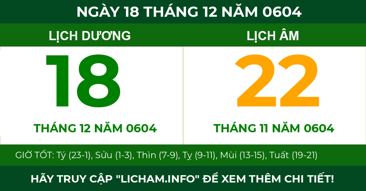 lịch âm ngày 18 tháng 12 năm 0604