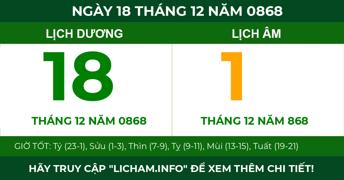 lịch âm ngày 18 tháng 12 năm 0868