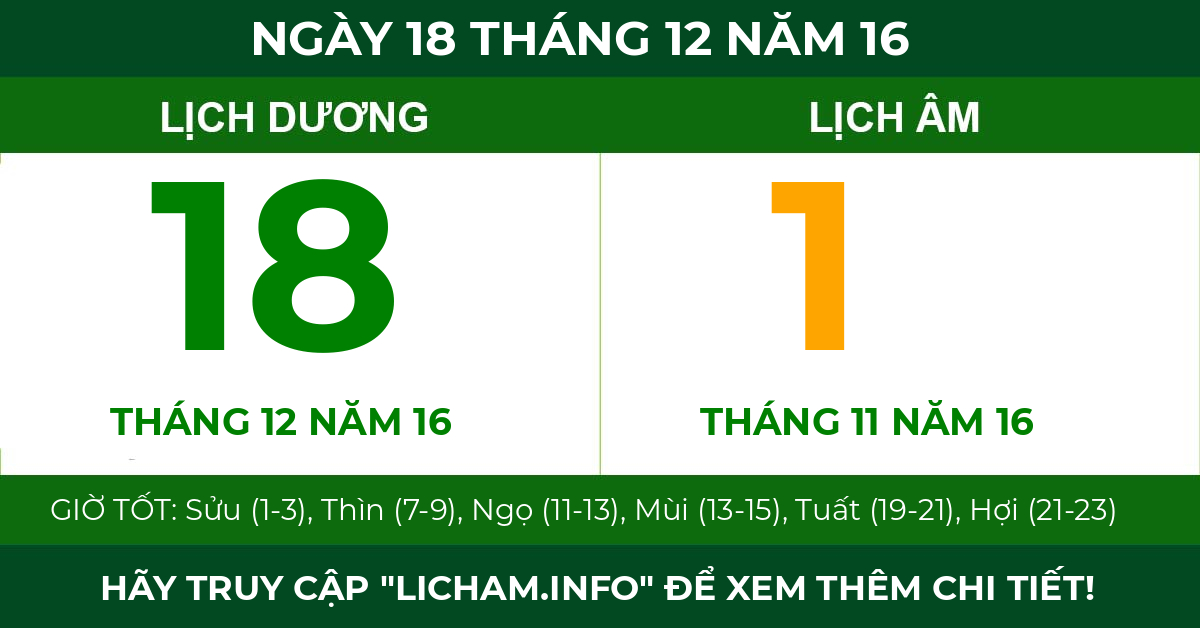 lịch âm ngày 18 tháng 12 năm 16