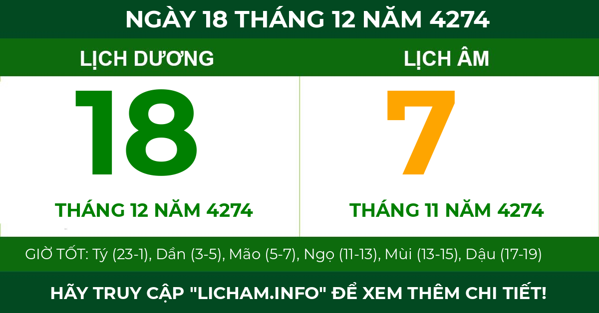 lịch âm ngày 18 tháng 12 năm 4274