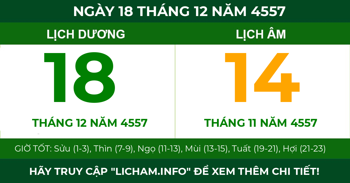 lịch âm ngày 18 tháng 12 năm 4557
