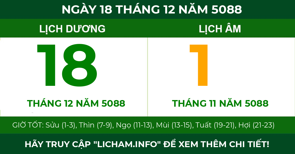 lịch âm ngày 18 tháng 12 năm 5088