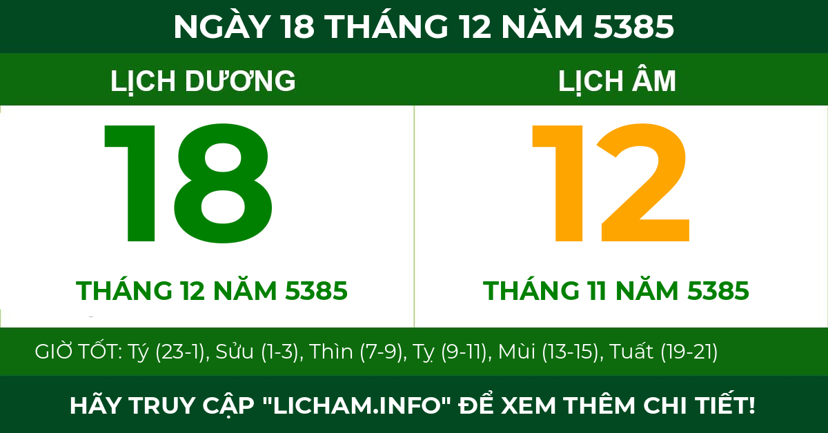 lịch âm ngày 18 tháng 12 năm 5385