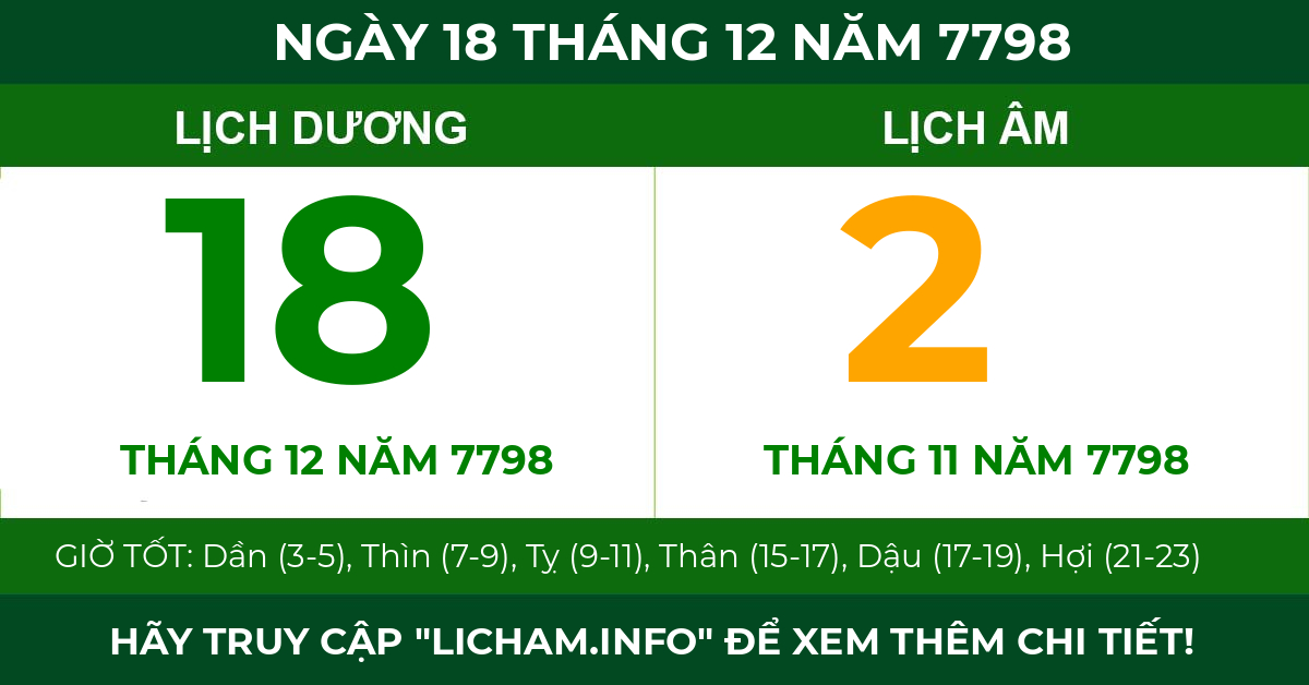 lịch âm ngày 18 tháng 12 năm 7798