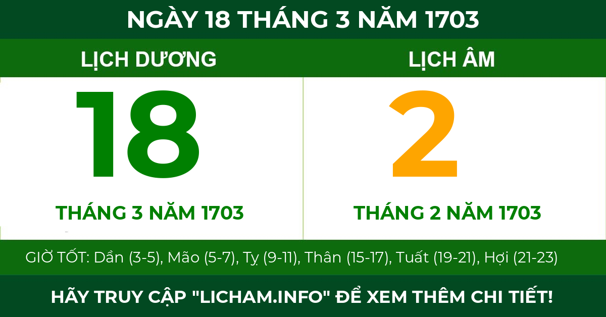 lịch âm ngày 18 tháng 3 năm 1703