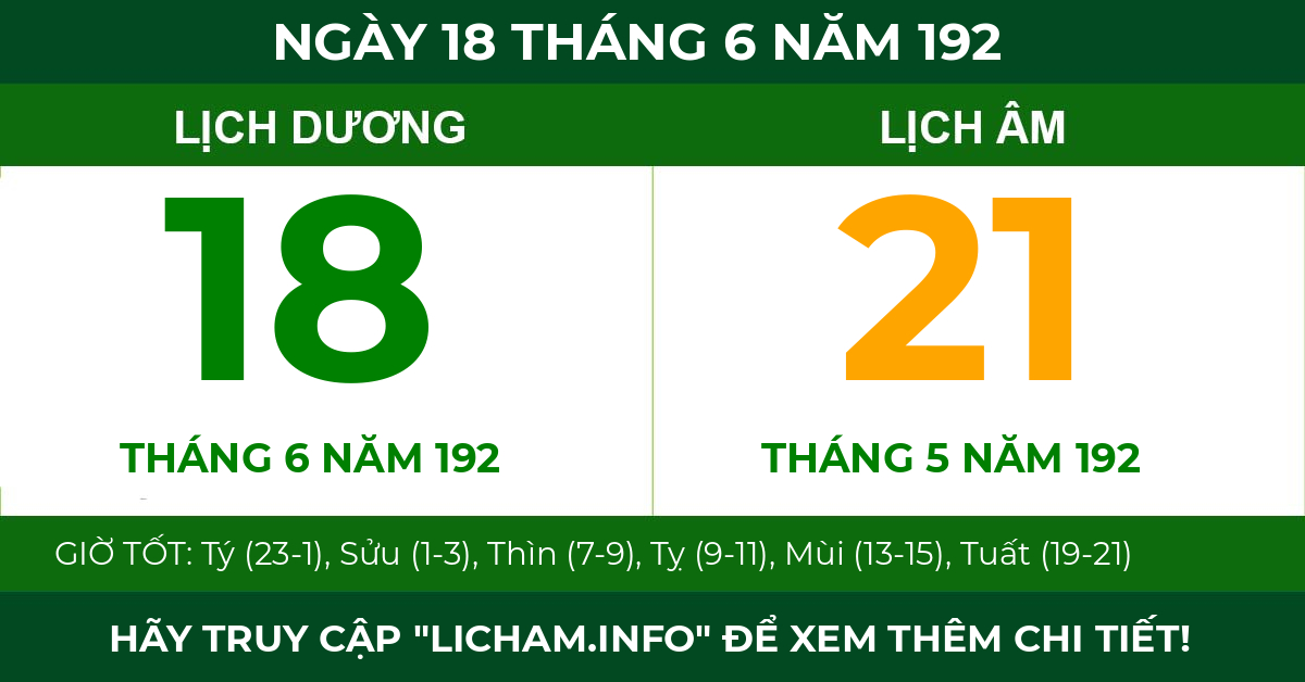 lịch âm ngày 18 tháng 6 năm 192