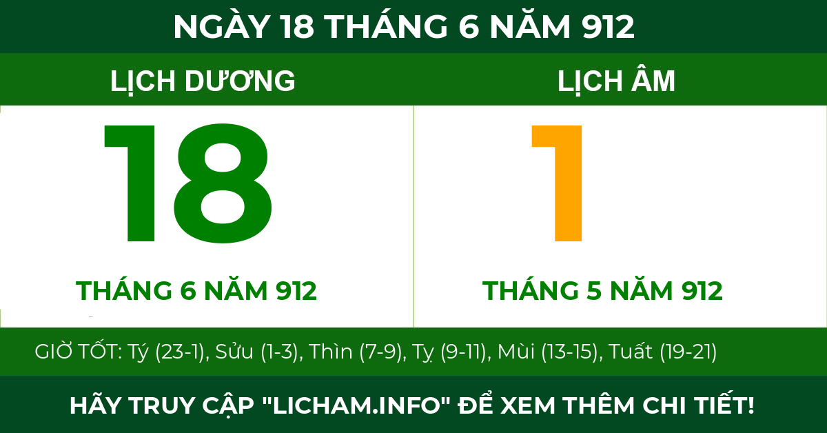 lịch âm ngày 18 tháng 6 năm 912