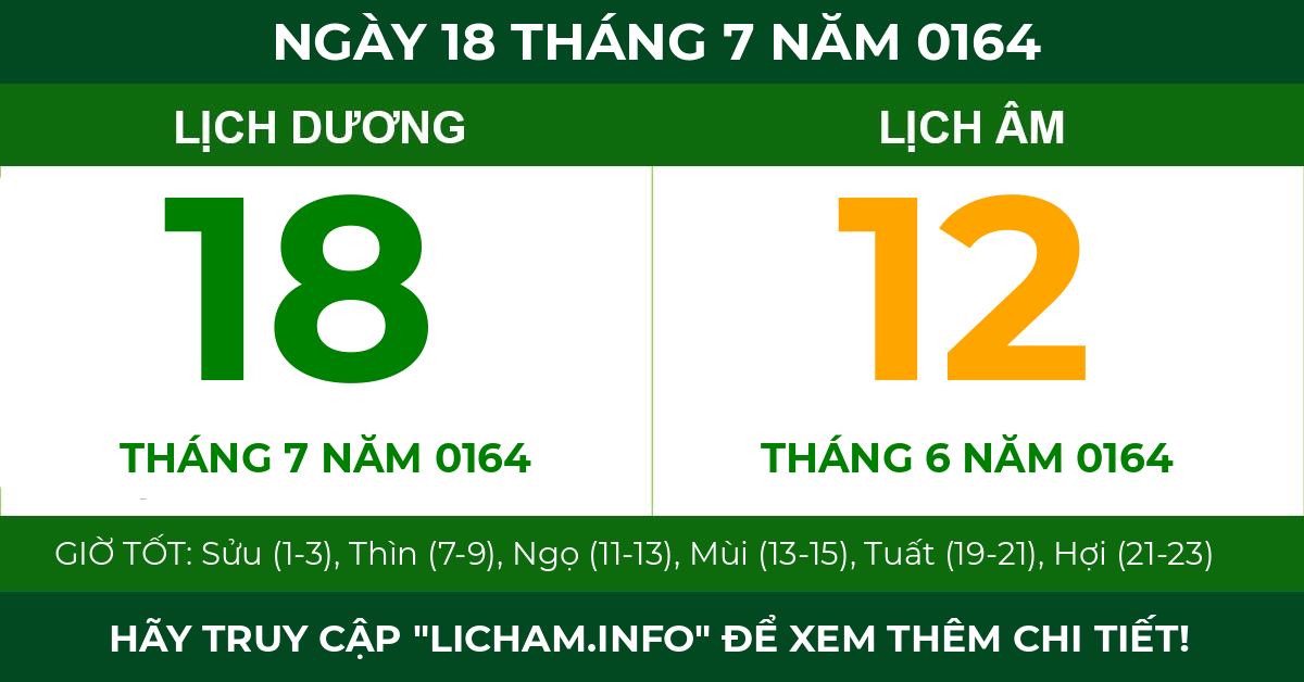 lịch âm ngày 18 tháng 7 năm 0164