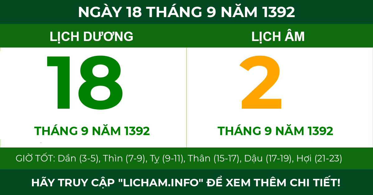 lịch âm ngày 18 tháng 9 năm 1392