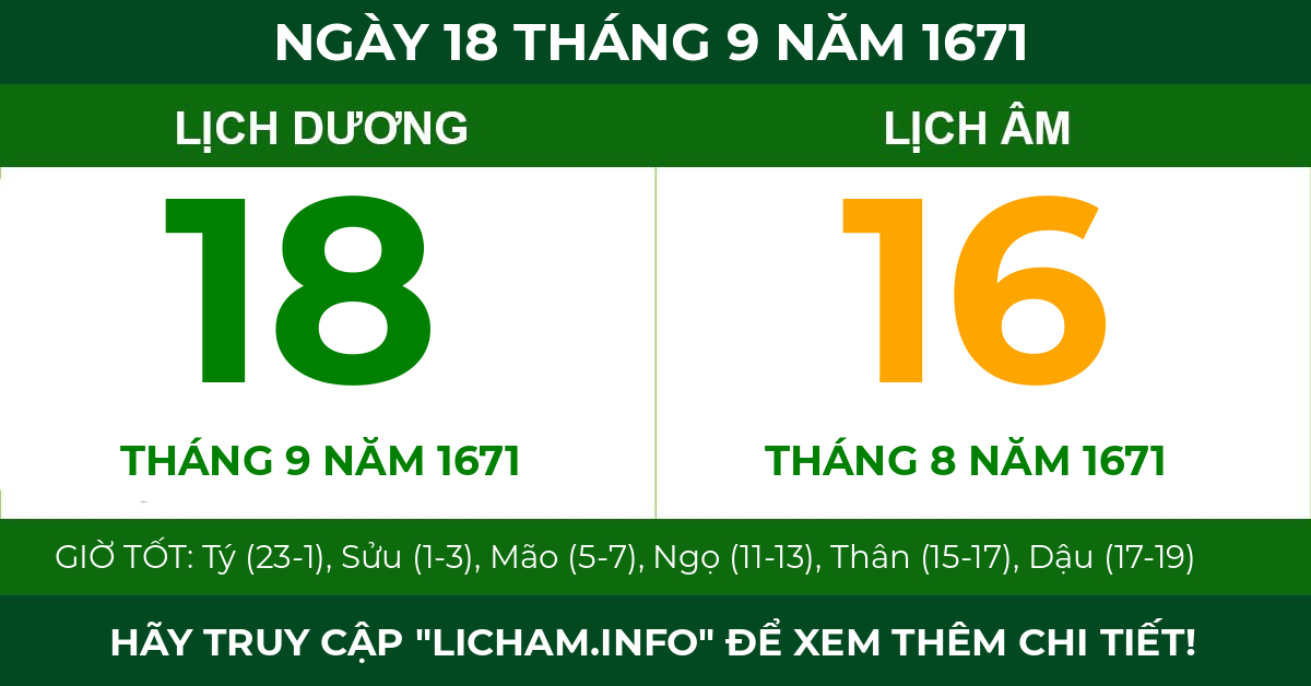 lịch âm ngày 18 tháng 9 năm 1671