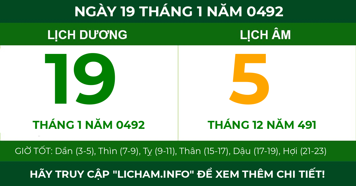 lịch âm ngày 19 tháng 1 năm 0492