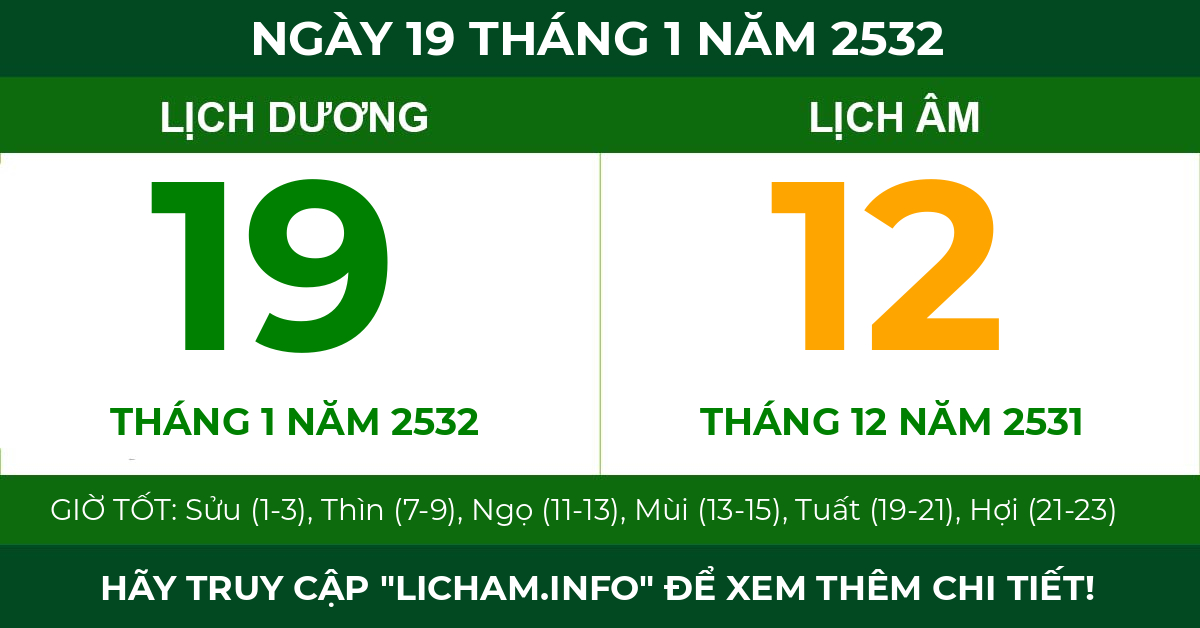 lịch âm ngày 19 tháng 1 năm 2532