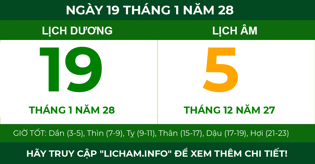lịch âm ngày 19 tháng 1 năm 28