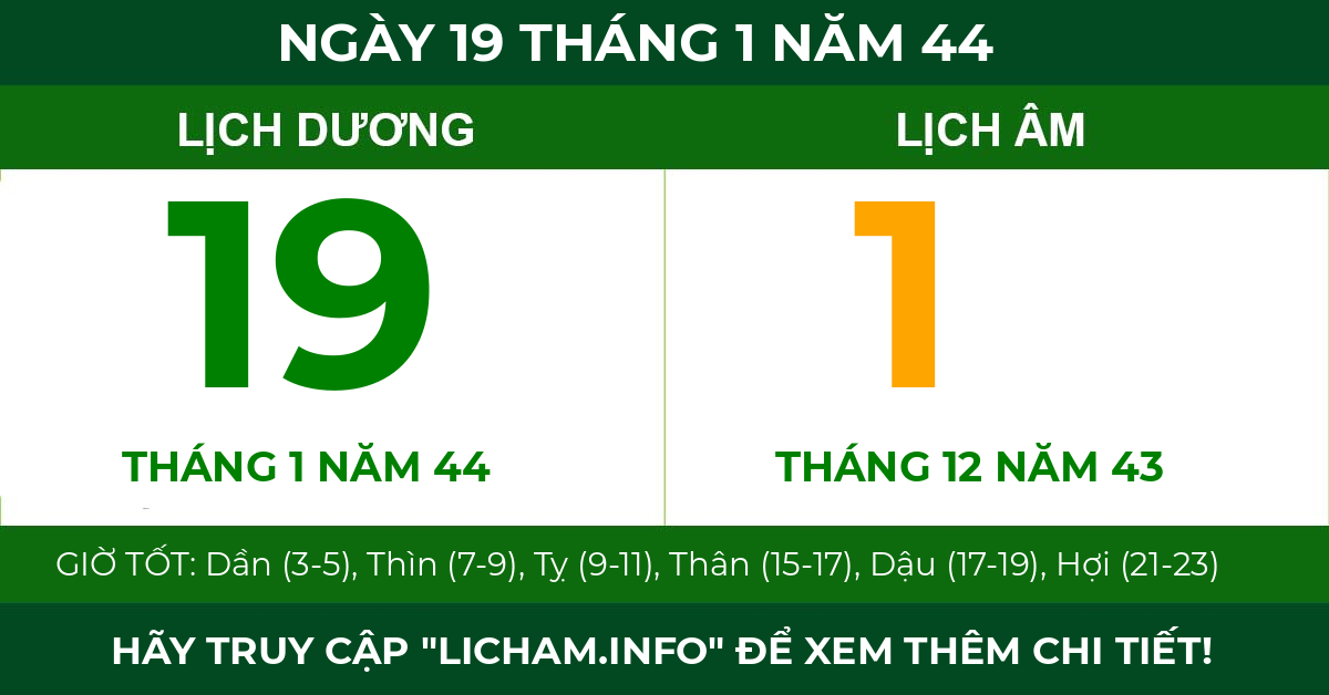 lịch âm ngày 19 tháng 1 năm 44