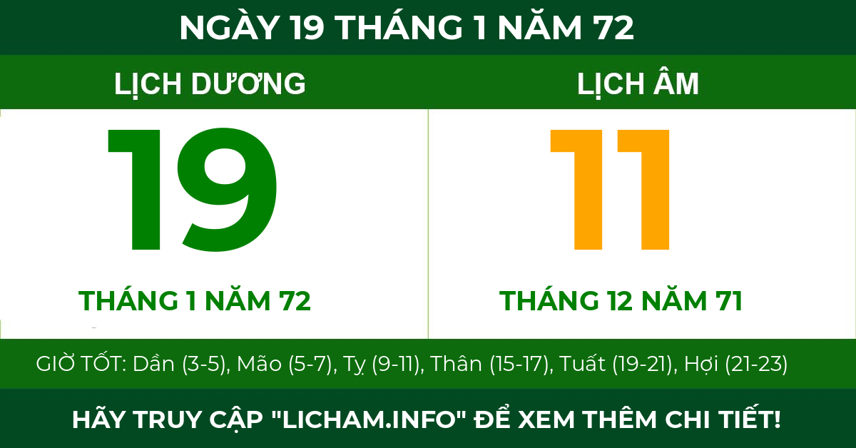 lịch âm ngày 19 tháng 1 năm 72