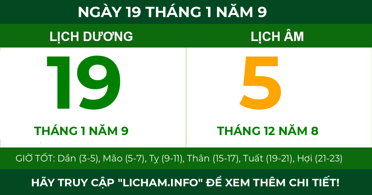 lịch âm ngày 19 tháng 1 năm 9