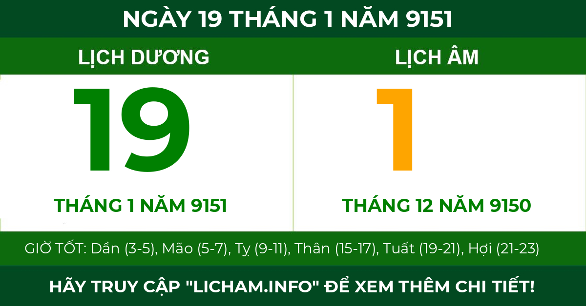 lịch âm ngày 19 tháng 1 năm 9151