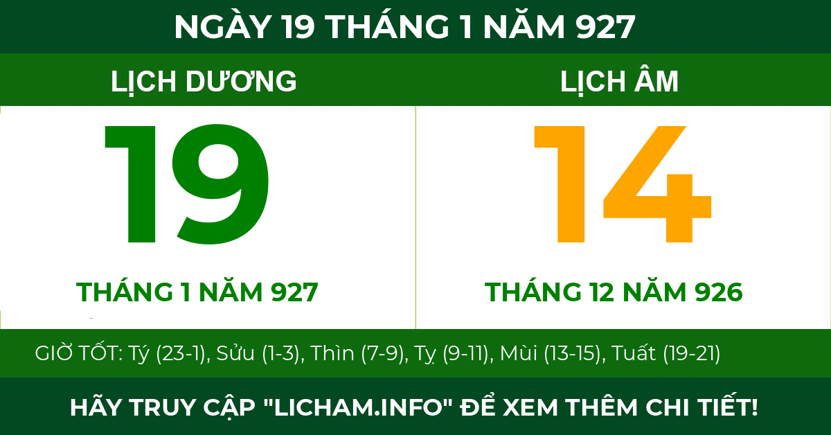 lịch âm ngày 19 tháng 1 năm 927