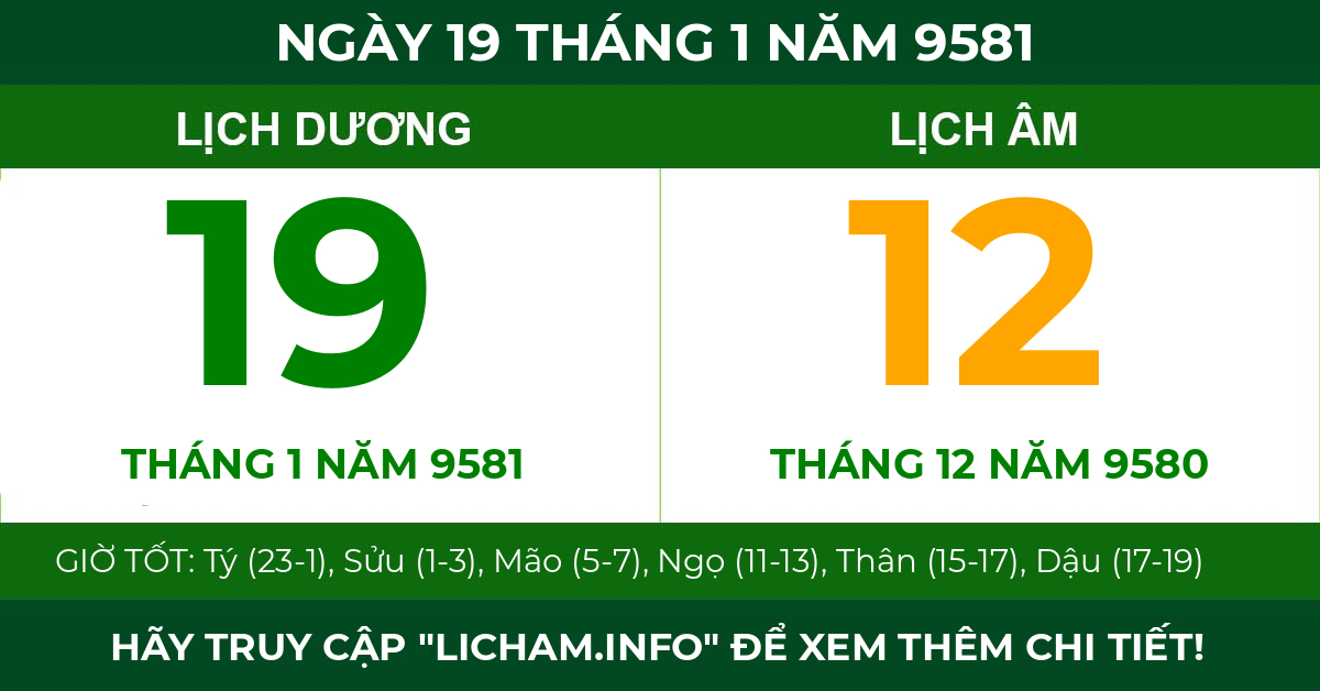 lịch âm ngày 19 tháng 1 năm 9581