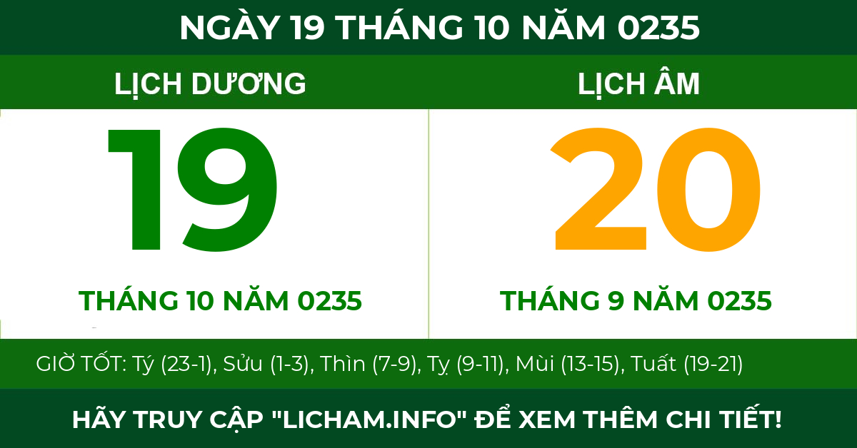 lịch âm ngày 19 tháng 10 năm 0235