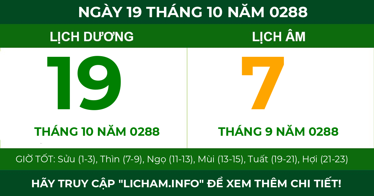 lịch âm ngày 19 tháng 10 năm 0288
