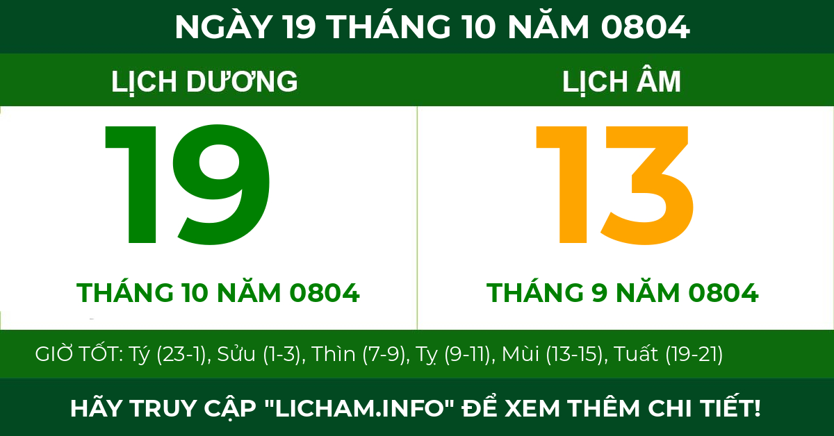 lịch âm ngày 19 tháng 10 năm 0804