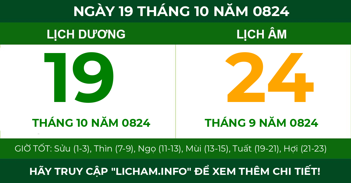 lịch âm ngày 19 tháng 10 năm 0824
