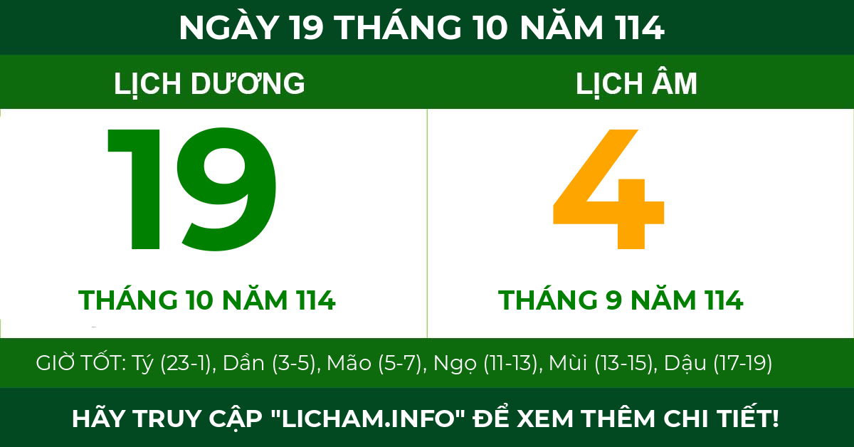 lịch âm ngày 19 tháng 10 năm 114